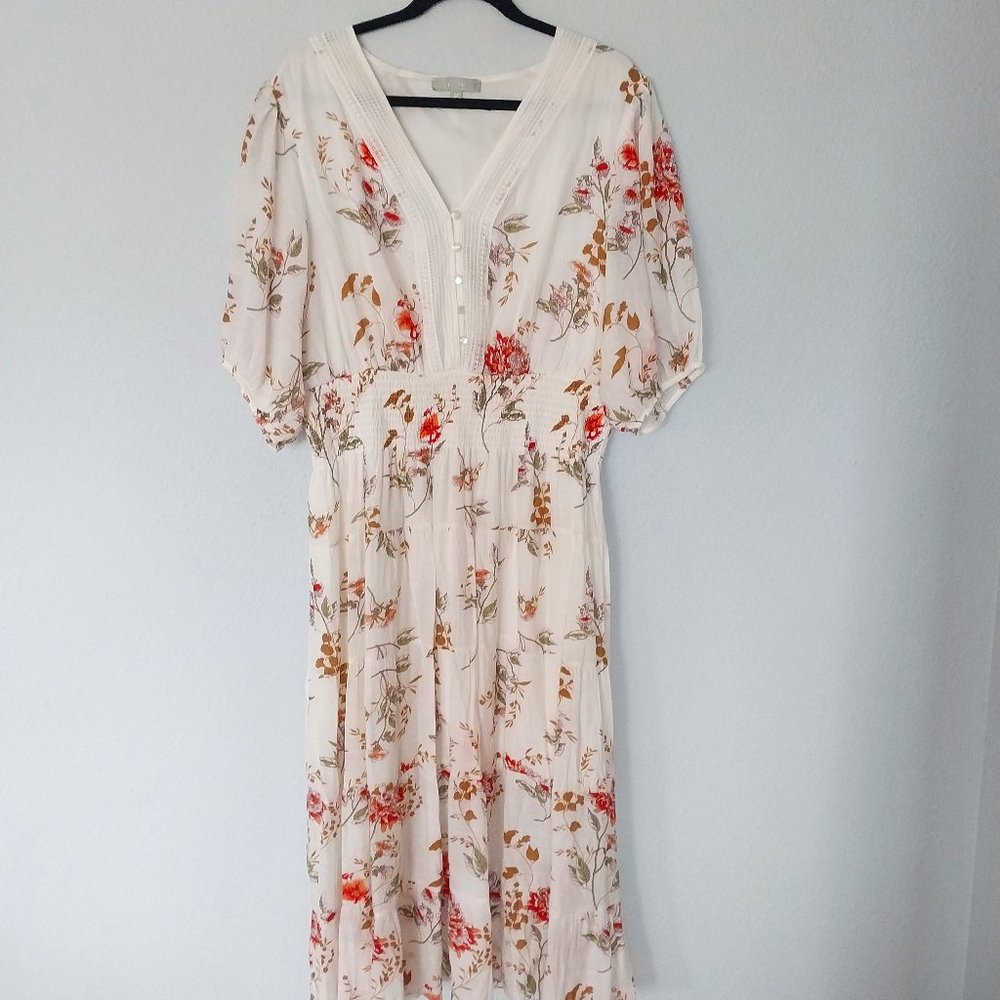 J Gee Lined Floral Smocked Waist V-Neck Short Sleeve Tiered Ruffle Maxi Dress